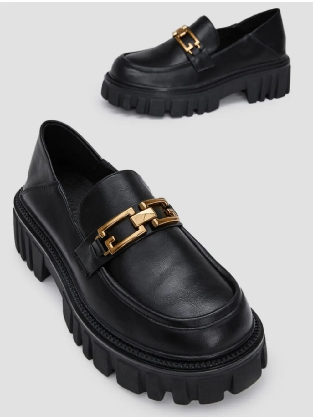 Black Leather Lug-Sole Loafers with Gold Chain Accent